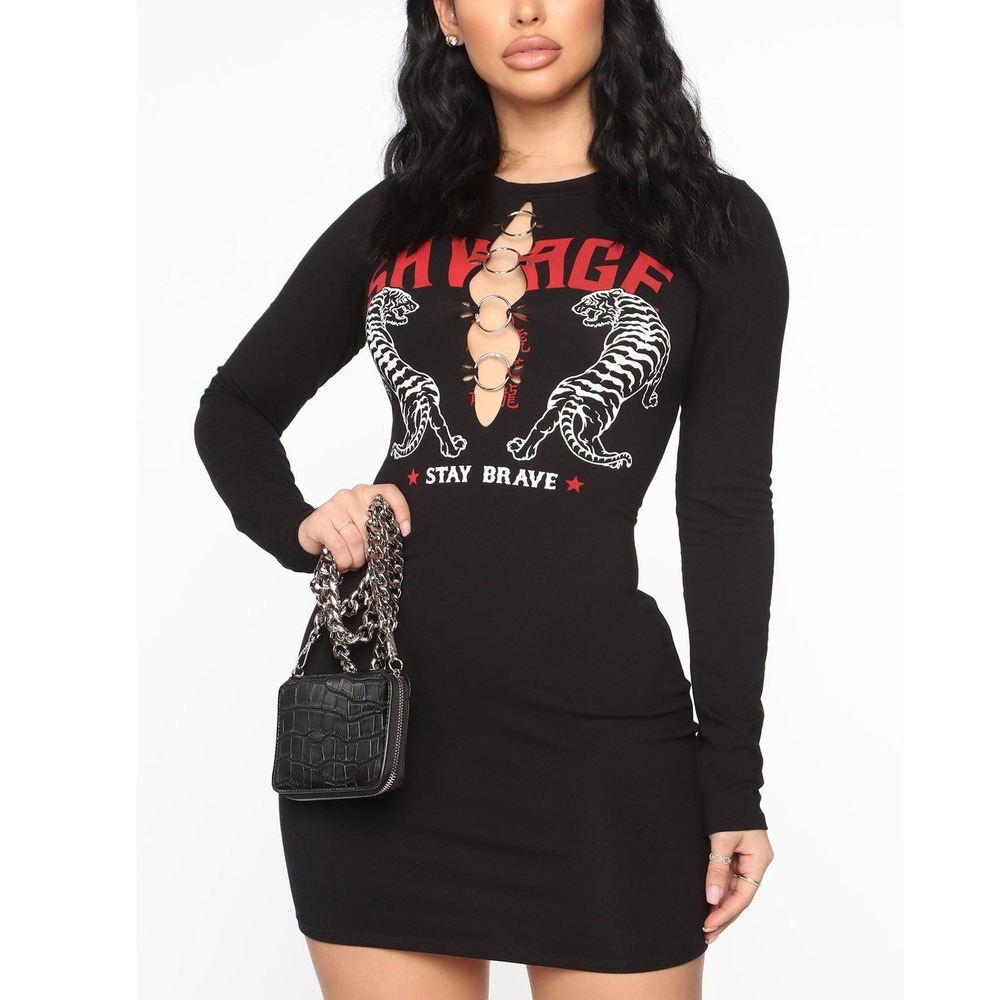 Savage Tiger O-Ring Cutout Mini Dress Black XL